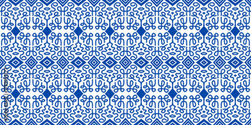 abstract seamless pattern. seamless geometric design in two colors: indigo blue on a white background. The pattern is characterized by horizontal bands of intricate, repeating stylized motifs
