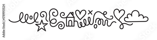 Continuous line art doodle with home, love, and dream symbols like a house, hearts, and a cloud. Whimsical hand drawn decorative element for a cozy and sweet design