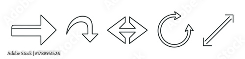 Set of various arrow icons in a minimal outline style for navigation and direction. Simple collection of pointers and cursors for user interface design and web elements