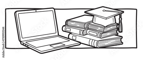 E-learning concept for online education with a laptop and textbooks. Graduation cap on a stack of books represents academic achievement. Hand drawn icon for distance learning courses