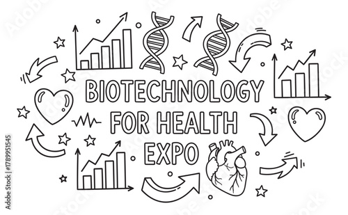 Biotechnology for health expo event concept. Scientific research and medical innovation with dna, heart, and growth charts. Hand-drawn outline design for healthcare promotion