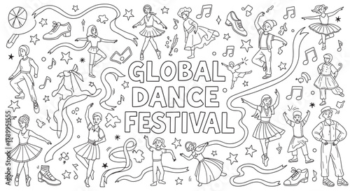 Diverse male and female adults and children dancing in various styles. Celebrating movement and music at a global festival. A fun outline coloring page