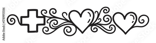 Hand drawn ornate cross and heart divider. Decorative swirling line art element for design. Elegant black and white border for spiritual or romantic themes