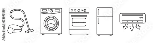 Home appliances line icon set for web and graphic design. Collection of household electronics including vacuum cleaner, washing machine, stove, refrigerator and air conditioner