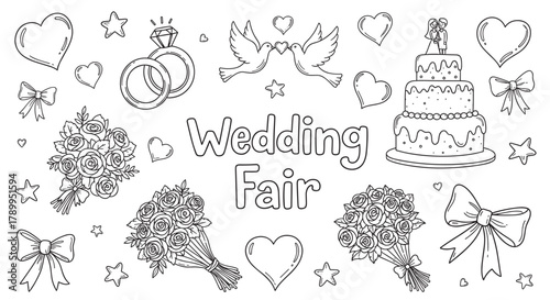 Wedding fair doodle set with celebration icons for marriage and engagement. Hand drawn collection of rings, cake, flowers and hearts for romantic design and event invitations