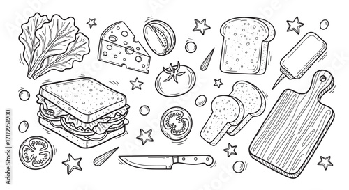 Hand drawn set of sandwich ingredients and cooking elements. Includes bread, cheese, lettuce, tomato, a knife, and a cutting board. Doodle style food icons for a cafe menu or recipe design