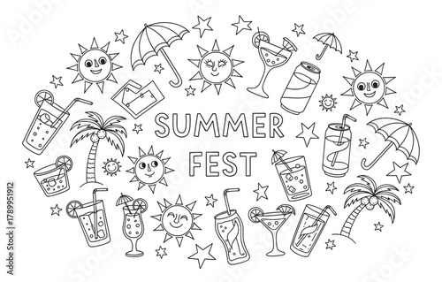 Summer fest doodle set with cute sun characters, tropical cocktails and beach elements. Black and white line art collection for coloring books, party invitations or decorations