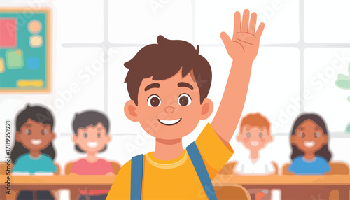 A smiling boy raises his hand in a classroom with other students visible in the background.