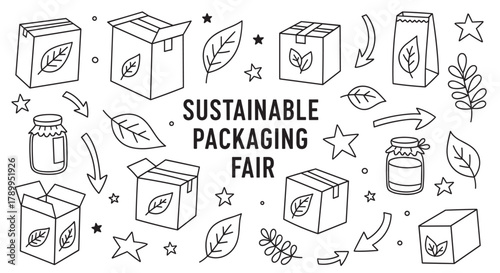 Collection of sustainable packaging icons featuring various eco-friendly boxes, bags, and jars with leaf symbols. Perfect for environmental product branding and green business concepts