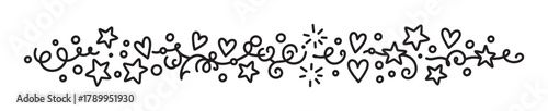 Hand drawn doodle border featuring whimsical hearts, stars, and swirls. A festive decorative element perfect for celebrations, invitations, and greeting cards