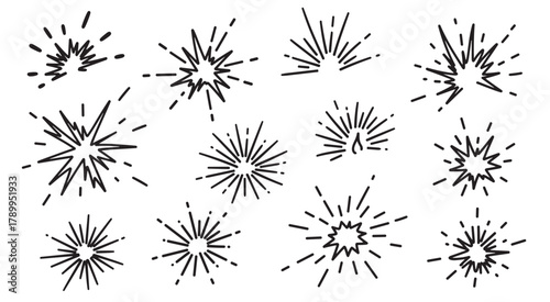 Hand drawn explosion and sparkle doodle collection. Set of black starburst and firework icons for emphasis. Abstract sunburst and pop effect graphic design elements