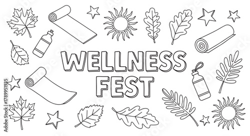 Wellness festival outline doodle collection. Hand drawn elements include yoga mats, water bottles, sun, and diverse leaves. Great for event branding or healthy lifestyle concepts