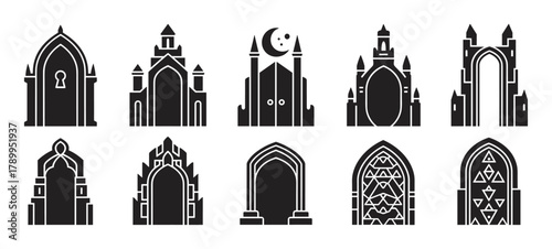 Mystical gothic arch and medieval gate silhouette icon set. Fantasy castle doors, ancient cathedral windows and mysterious entrance symbols for creative design