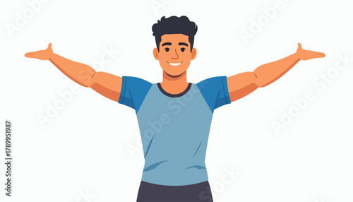 A smiling man with dark hair spreads his arms wide open, welcoming.