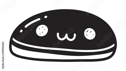 Adorable japanese dorayaki pancake with a cute kawaii face. Minimalist black and white food character for a dessert brand mascot. Simple hand drawn sweet snack icon design