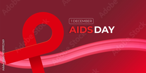 World AIDS DAY 1 december banner with red ribbon. World HIV awareness day starts in 1 December. Red ribbon with text isolated on abstract red background with waves. World AIDS Day poster