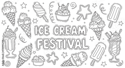 Ice cream festival concept featuring a delightful assortment of sweet desserts. Playful doodle style outline for summer fun, party invitations, and menu design