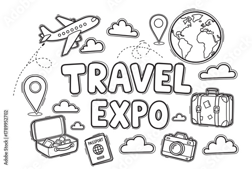 Travel expo lettering with a set of doodle icons for tourism and vacation. Hand drawn collection includes airplane, globe, passport, camera, and luggage for event promotion