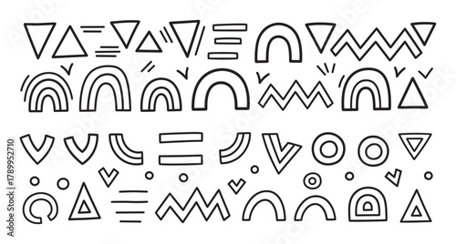 Hand drawn collection of abstract geometric shapes in a minimalist doodle style. Ethnic tribal symbols and primitive art elements for creating unique patterns and backgrounds