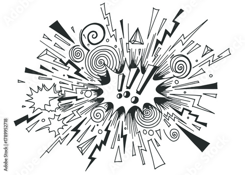 Hand drawn comic explosion with exclamation marks. Abstract doodle sketch of a burst with lightning bolts and spirals expressing shock, surprise or excitement