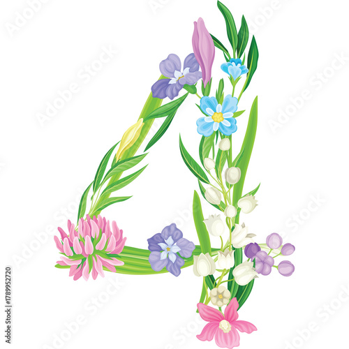 Decorative Number Four Formed By Assorted Colorful Spring Wildflowers And Greenery Isolated On A White Background With A Transparent Overlay
