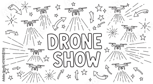Drone show lettering with flying quadcopters and festive doodle elements. Hand drawn line art for entertainment technology events and modern light performance advertising