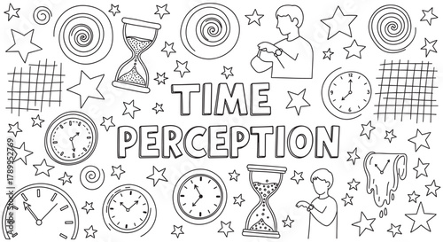 Conceptual hand drawn doodle exploring time perception. Male adults are surrounded by various clocks, hourglasses, and abstract elements representing the passage of time