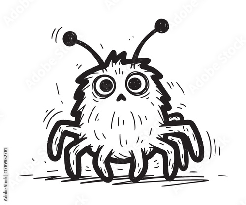 A whimsical hand drawn sketch of a cute furry monster with big eyes and antennae. This funny little alien bug character is isolated for creative design projects or branding