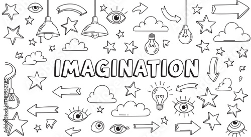 Imagination word lettering with a set of creative doodle icons. Hand drawn elements like stars, clouds, light bulbs and eyes representing ideas and inspiration