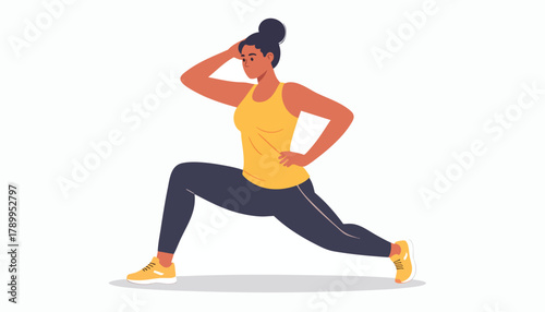 Woman in sportswear performs a lunge exercise with hand on head, demonstrating fitness and flexibility.