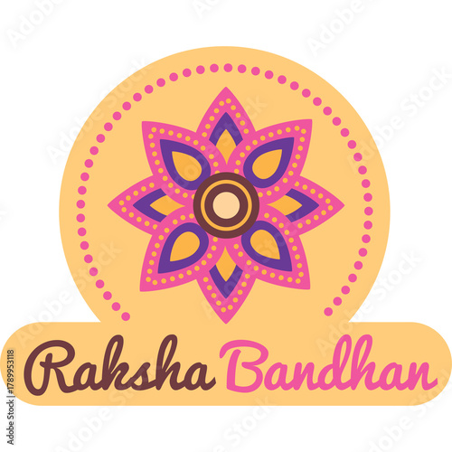 Decorative Raksha Bandhan Logo with Floral Motif and Dotted Border in Yellow and Pink Tones