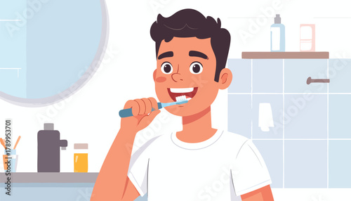 A young man is brushing his teeth in a bathroom setting, smiling.