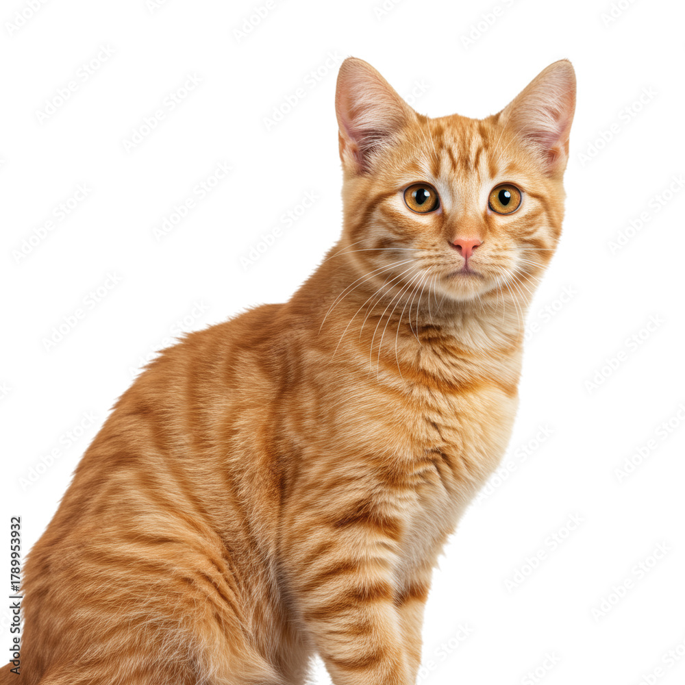 Fototapeta premium Ginger tabby cat sitting and looking forward with curious expression isolated on transparent background