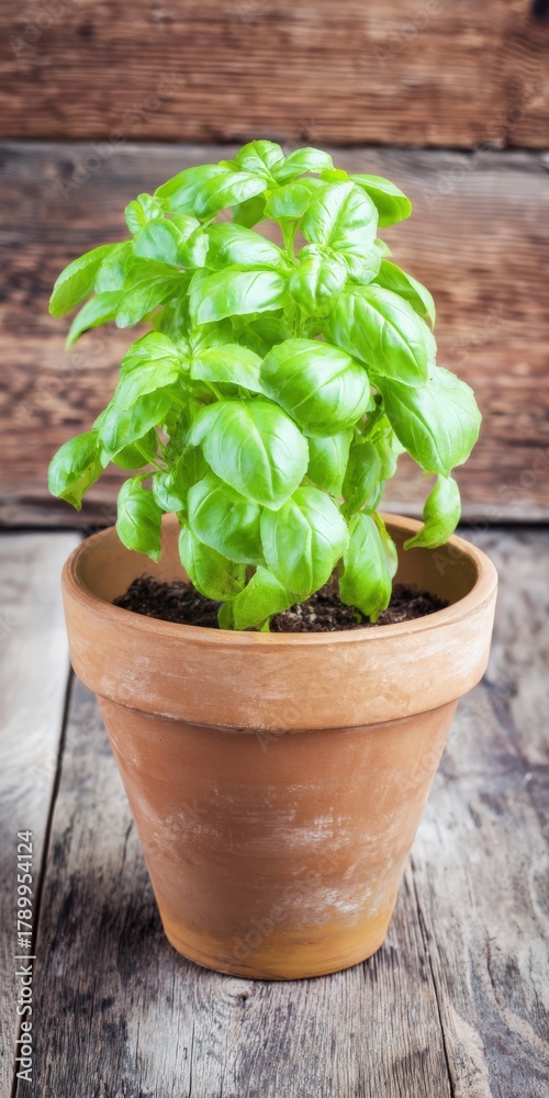 Fototapeta premium Fresh basil plant growing in terracotta pot on wood