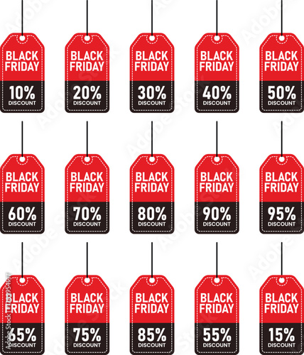 Collection of red and black hanging price tags displaying various black friday discount percentages from ten to ninety five percent off
