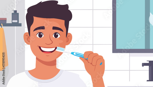 Illustration of a man brushing his teeth in a bathroom with white tiles, a sink, and a shelf with toiletries.