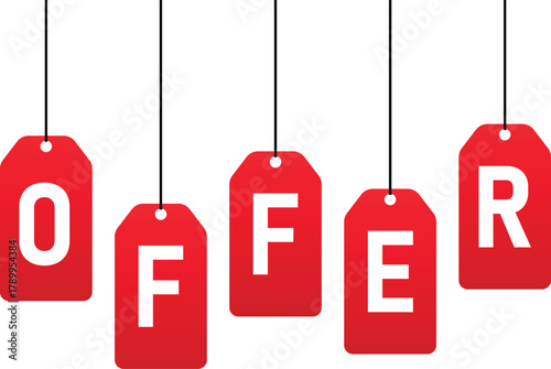 Five bright red hanging price tags spelling out the word offer in bold white letters isolated on a clean white background
