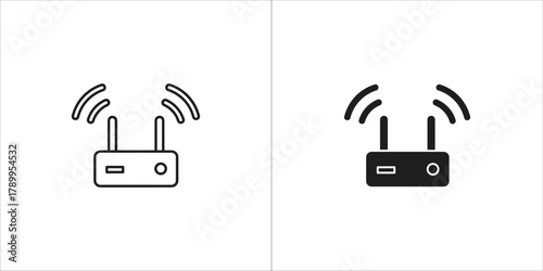Outline and filled icon of a wireless router with signal waves