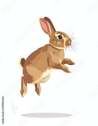 A brown rabbit leaping upwards, captured in a dynamic, illustrative style.