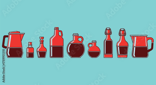 Rustic bottles and pitcher filled with dark beverage on blue backdrop