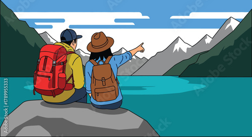 Adventurous couple explores stunning mountain lake with backpacks