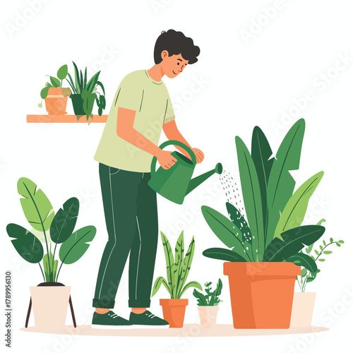 A man waters indoor plants with a green watering can, showcasing a domestic scene of plant care.