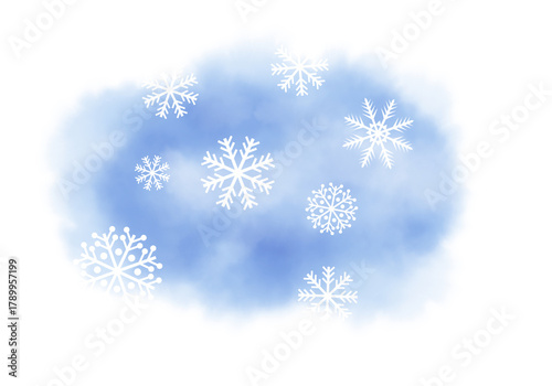 Watercolor painted abstract winter landscape splash cloud in blue colors with snow flakes and snow crystals. Transparent PNG image.