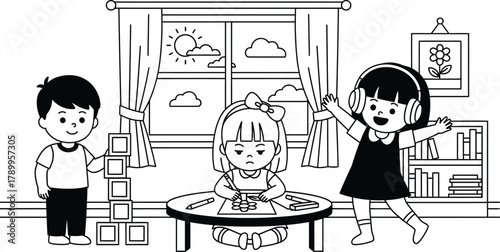 Adorable kids playing together happily in a bright classroom scene