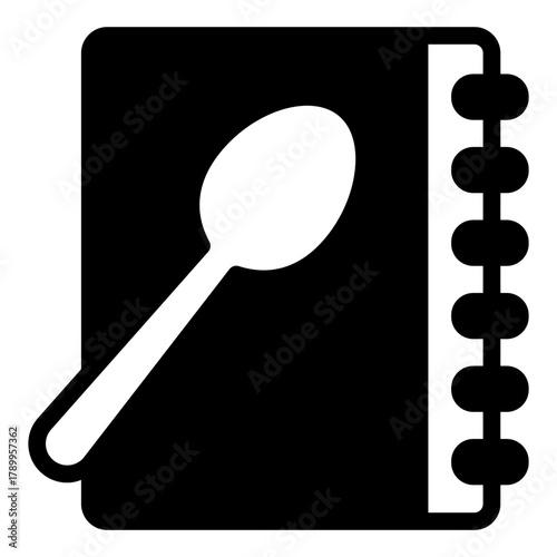 Recipe book and spoon solid icon, cooking concept. Vector graphics. Notepad sign on white background, style icon mobile or web desig