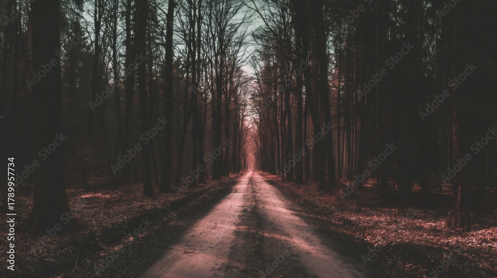 Fototapeta premium Dark forest path disappearing into the distance, framed by tall, bare trees creating a mysterious, solitary, and cold atmosphere