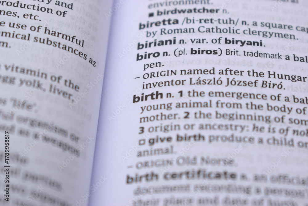 Obraz premium Close Up Of English Dictionary Page With Word - birth