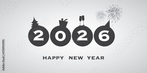 Best Wishes - Modern Style Simple Minimal Wide Scale Happy New Year Card or Cover Background Template for Year 2026 - Round Typography Concept Telling the Progress of Traditional Winter Holiday Events