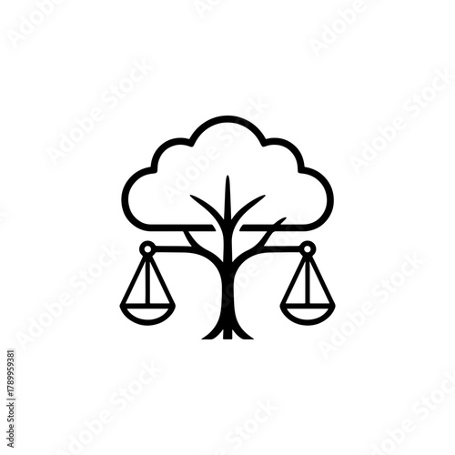 Illustration of a tree with a cloud shaped crown and scales of justice hanging from the branches