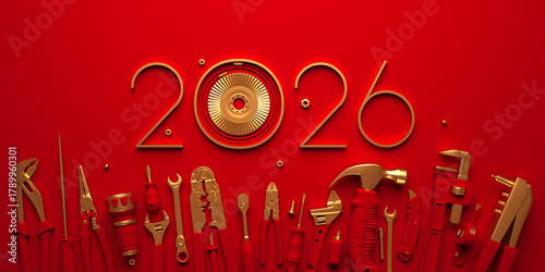 2026 New Year design template with construcrion tools set. 3d render illustration on engineering, construction, interior finishing, repair and maintenance theme.